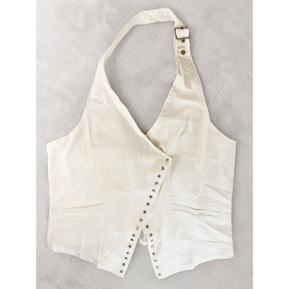 NWT Active USA Cream Denim Halter Vest Snap Front Crop Size L Western Chic - Picture 2 of 10